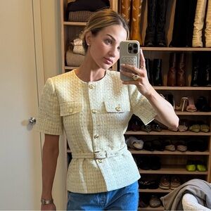 Ann Taylor tweed belted jacket butter yellow